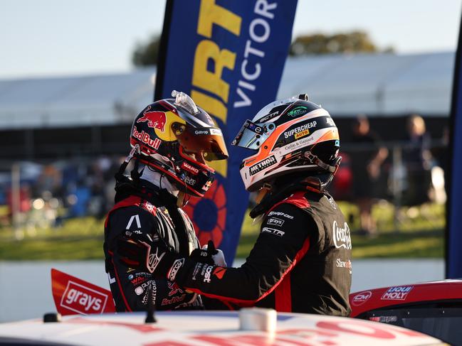 Shane van Gisbergen and Brodie Kostecki congratulate each other at Wanneroo Raceway.