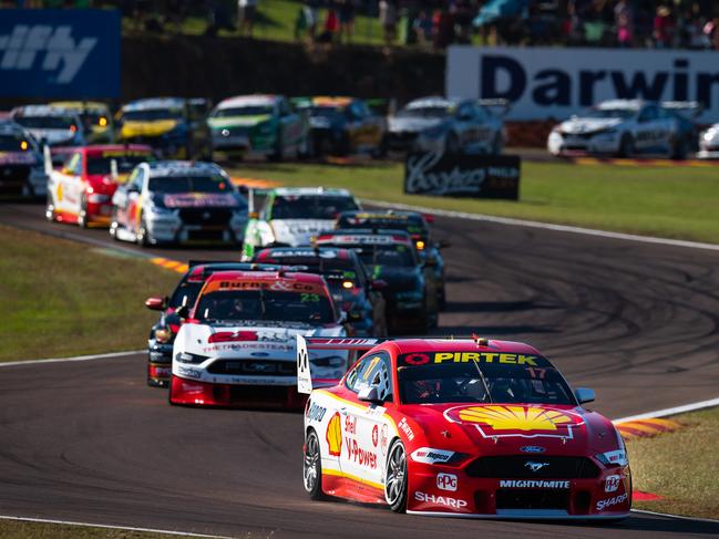 The Shell V-Power Racing Team Ford Mustang sets the pace around at Hidden Valley circuit.