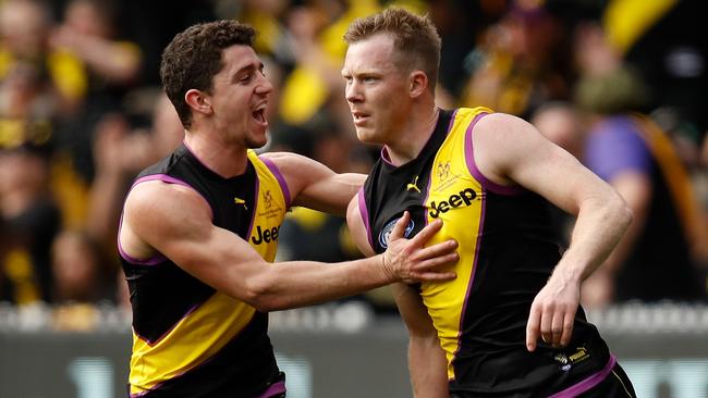 Jack Riewoldt celebrates a goal with teammate Jason Castagna. Picture: Getty Images