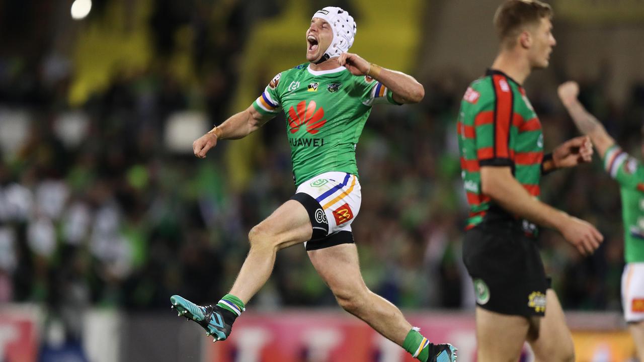 Canberra's Jarrod Croker celebrates victory at full time after the Canberra Raiders v South Sydney preliminary final