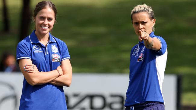 Recruits Kaitlyn Ashmore and Mo Hope at North Melbourne training. Picture: Michael Klein