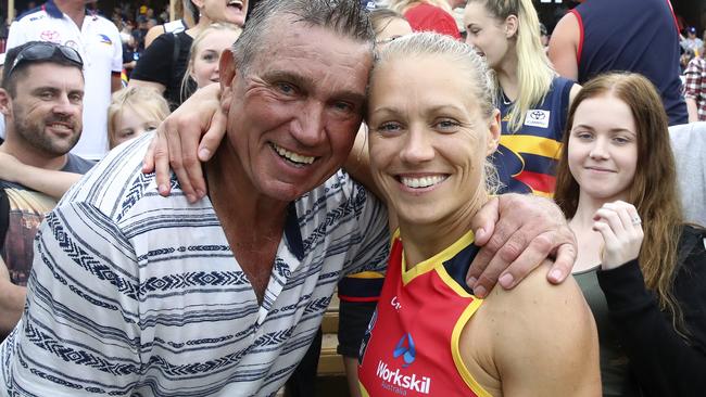 Erin Phillips with her dad, Port Magpies legend and former Collingwood player Greg Phillips. Picture: Sarah Reed