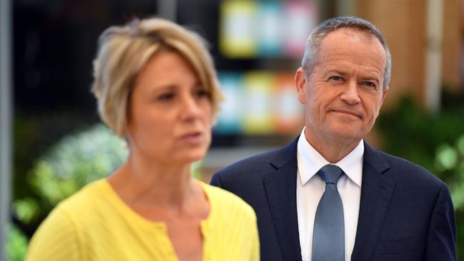 Leader of the Opposition Bill Shorten listens as Labor candidate for Bennelong Kristina Keneally speaks on Tuesday. Picture: Mick Tsikas