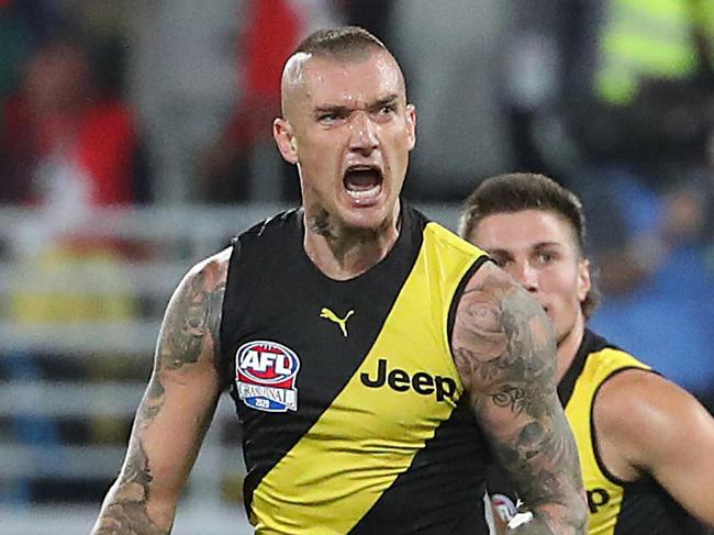 Tigers Dustin Martin kicks a goal. 2020 AFL Grand Final match between the. Richmond Tigers and the Geelong Cats at the Gabba on October 24, 2020 in Brisbane, Australia.  Pic Peter Wallis