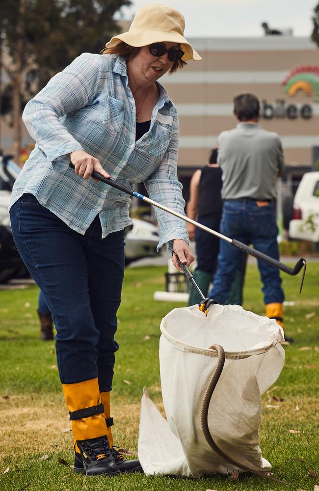 Lisa Curtis handling a snake at the Stirling Angas Hall of the Royal Adelaide Showgrounds in Wayville, as part of a snake handling and awareness course. Picture: Matt Loxton