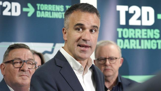 Premier Peter Malinauskas said Labor was “getting on with the job”. He is pictured with Prime Minister Anthony Albanese to announce the construction behind the South Road project on Sunday. Picture Dean Martin