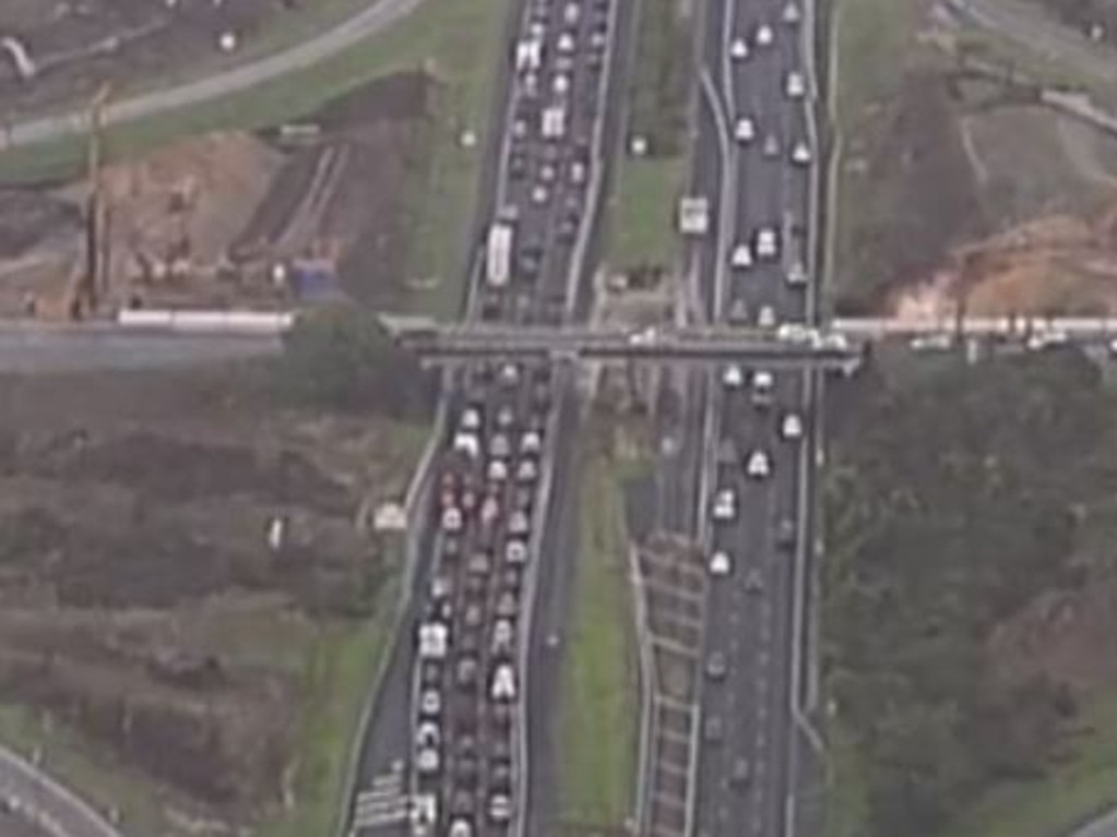The traffic is banked up for a 40 kilometre section of the Brice Highway on Friday as Brisbane residents lee the state. Picture: ABC News