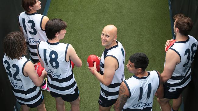 Tim Kelly (in the No. 11 jumper) with fellow Geelong recruits Gryan Miers, Lachie Fogarty, Charlie Constable, Gary Ablett and Stewart Crameri. Picture: Alison Wynd