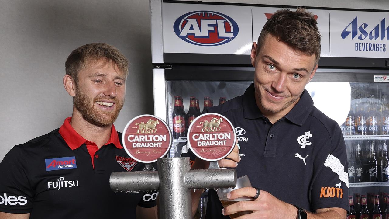 Brownlow winner Patrick Cripps and Essendon captain Dyson Heppell help launch the AFL’s new partnership. Picture: Getty Images