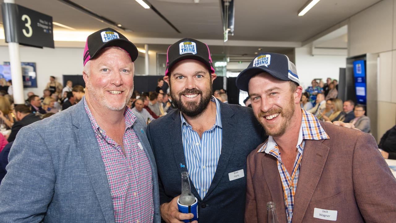 Ready to raffle hats are (from left) Dan Dwan, Brett Hanly and Jack Wagner at It's a Bloke Thing 2022 at Wellcamp Airport, Friday, September 9, 2022. Picture: Kevin Farmer