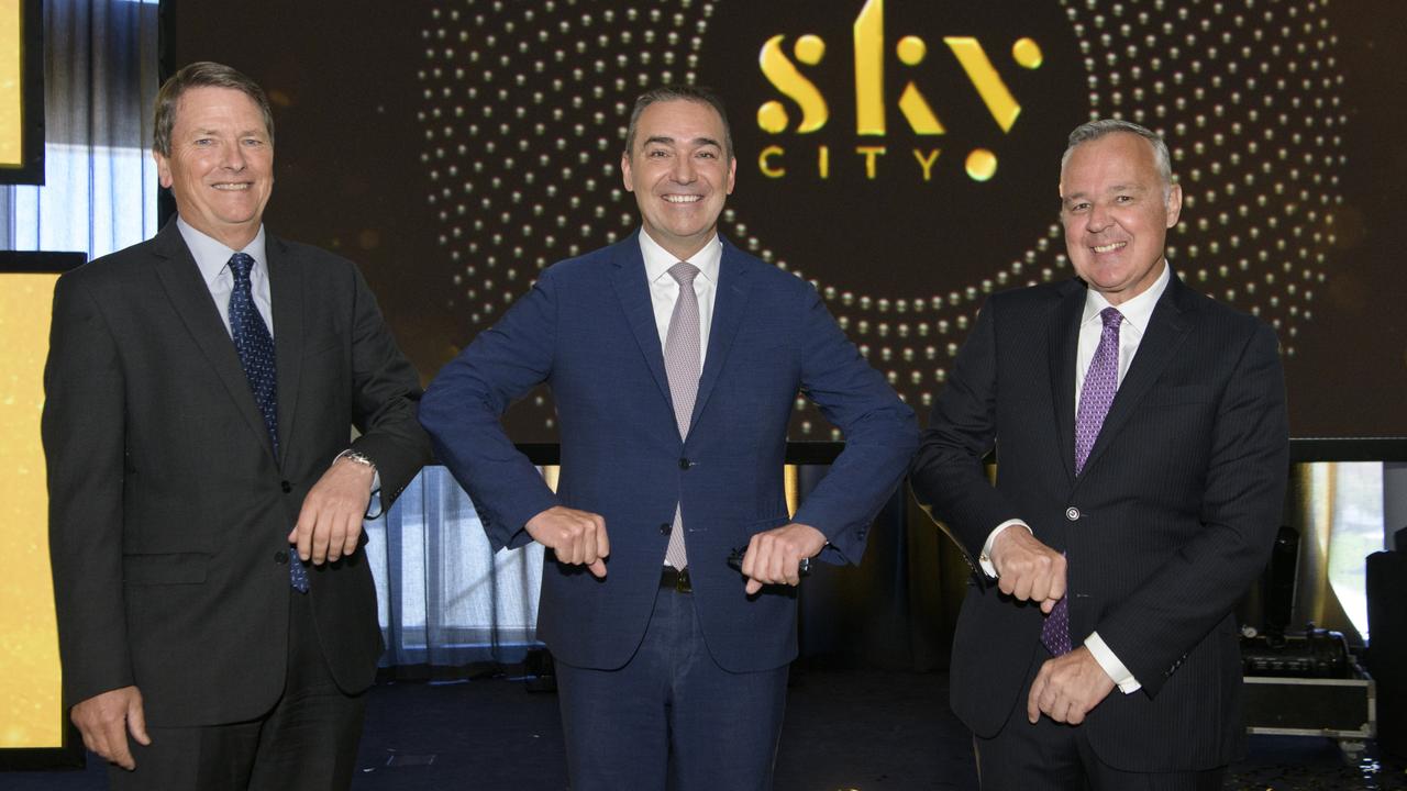 SkyCity Group deputy chair Bruce Carter (left) with SA Premier Steven Marshall and SkyCity Adelaide general manager David Christian last year. Picture Tom Roschi