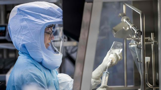 A BioNTech employee in the new manufacturing site at Marburg, central Germany. Picture: AFP