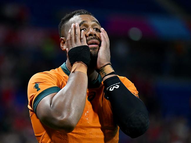 LYON, FRANCE - SEPTEMBER 24: Samu Kerevi of Australia reacts after their team's loss at full-time following the Rugby World Cup France 2023 match between Wales and Australia at Parc Olympique on September 24, 2023 in Lyon, France. (Photo by Hannah Peters/Getty Images)