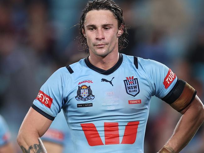 SYDNEY, AUSTRALIA - JUNE 05:  Nicho Hynes of the Blues reacts after a Maroons try during game one of the 2024 Men's State of Origin Series between New South Wales Blues and Queensland Maroons at Accor Stadium on June 05, 2024 in Sydney, Australia. (Photo by Cameron Spencer/Getty Images)