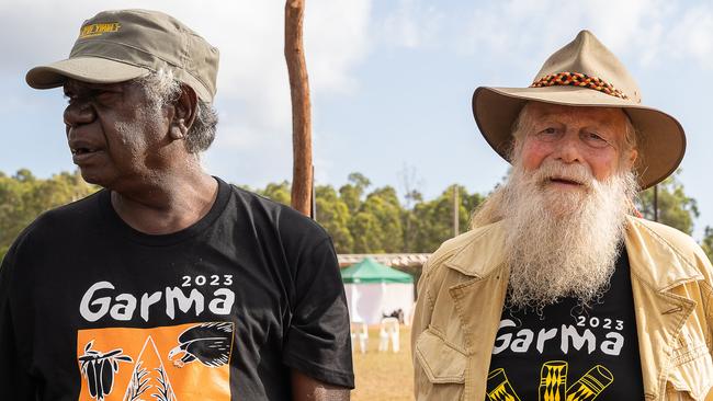Balupalu Yunupingu and Jack Thompson at the ceremonial yidaki, on day three of Garma Festival, on Sunday August 6. Picture: Pema Tamang Pakhrin