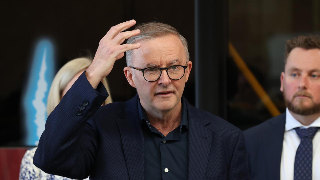 Labor leader Anthony Albanese makes a point during his press conference.