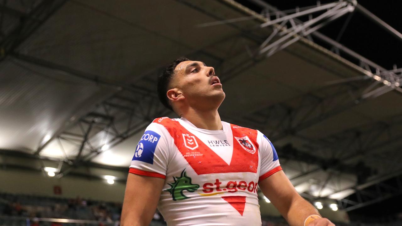 WOLLONGONG, AUSTRALIA - JULY 20: Tyrell Sloan of the Dragons walks off after been sent to the sin bin during the round 21 NRL match between St George Illawarra Dragons and Wests Tigers at WIN Stadium on July 20, 2023 in Wollongong, Australia. (Photo by Jeremy Ng/Getty Images)