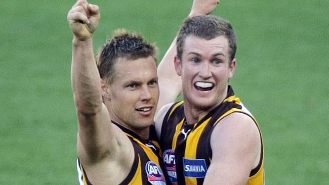 2008 Grand Final. Hawthorn v Geelong. MCG. Sam Mitchell celebrates his last qtr goal with Xavier Ellis