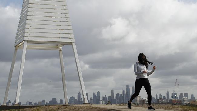 A woman exercising at Point Ormond lookout in Elwood after restrictions lifted. Picture: Daniel Pockett/Getty Images