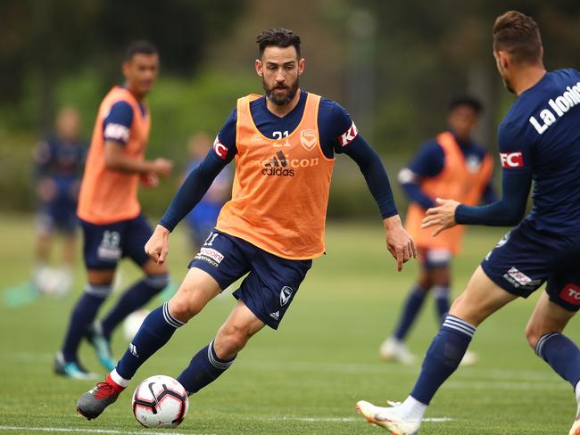 MELBOURNE, AUSTRALIA - OCTOBER 31:  Carl Valeri of the Victory competes for the ball  during a Melbourne Victory A-League training session at Gosch's Paddock on October 31, 2018 in Melbourne, Australia.  (Photo by Scott Barbour/Getty Images)