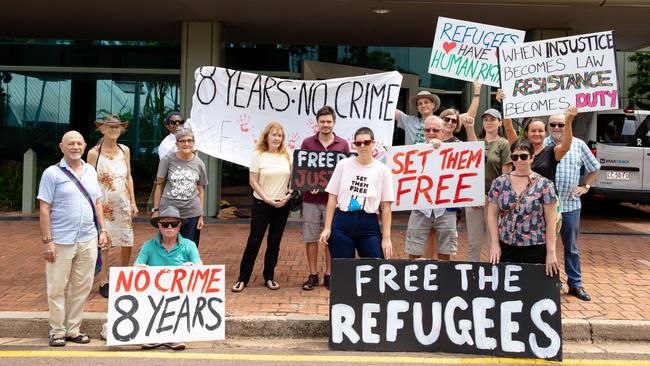 Darwin citizens protest outside the home affairs office for the refugees who have been detained in a Darwin hotel for over a year. Picture Glenn Campbell