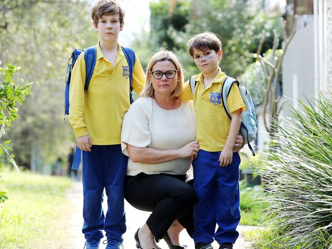 Licia Heath with her two children Jude, 10, and Leo, 7, outside Bronte Public School. Picture: Tim Hunter