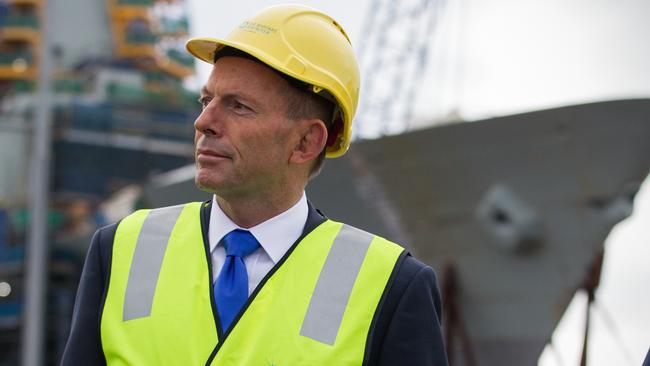 Prime Minister Tony Abbott visits Osborne Naval Shipyard on August 4, 2015, after announcing a major commitment to defence ship building in South Australia after holding a federal cabinet meeting in Adelaide. Picture: Ben Macmahon