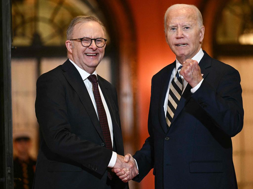 US President Joe Biden bids farewell to Australian Prime Minister Anthony Albanese at the end of the Quadrilateral Summit at the Archmere Academy in Wilmington, Delaware, on September 21, 2024. Picture: Brendan Smialowski/AFP