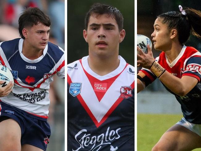 Roosters junior rep players Darcy Smith, Zach Fittler and Imogen Hei. Picture: Sue Graham/Jeremy Ng/Tom Lisson