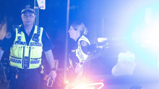 Police officers patrol the streets in Alice Springs. Picture: Liam Mendes