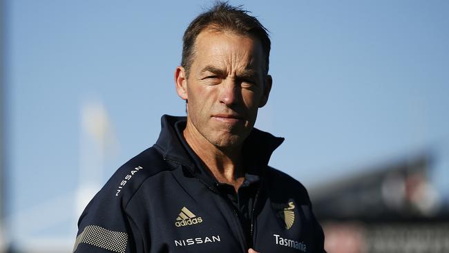 LAUNCESTON, AUSTRALIA - JULY 10: Hawks head coach Alastair Clarkson looks on before the round 17 AFL match between Hawthorn Hawks and Fremantle Dockers at University of Tasmania Stadium on July 10, 2021 in Launceston, Australia. (Photo by Daniel Pockett/AFL Photos/via Getty Images)