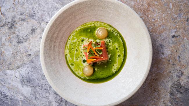 Ocean trout, yuzu, nasturtium at Maxwell Winery. Picture: Matt Loxton