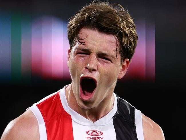 ADELAIDE, AUSTRALIA - APRIL 26: Mattaes Phillipou of the Saints celebrates a goal during the 2024 AFL Round 07 match between the Port Adelaide Power and the St Kilda Saints at Adelaide Oval on April 26, 2024 in Adelaide, Australia. (Photo by Sarah Reed/AFL Photos via Getty Images)