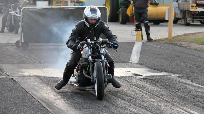 Jake Harriman ran a massive personal best on his new bike of 8.5 seconds at Benaraby Dragway on Saturday. Picture: Rodney Stevens