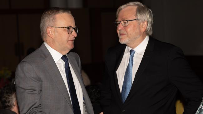 Prime Minister Anthony Albanese with former Prime Minister Kevin Rudd at the National Apology Anniversary breakfast. Picture: NCA NewsWire / Gary Ramage