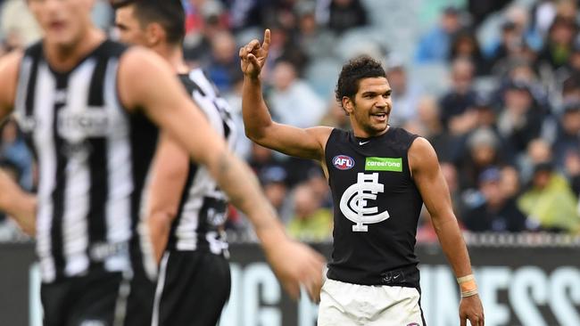 Sam Petrevski-Seton celebrates a goal against Collingwood.