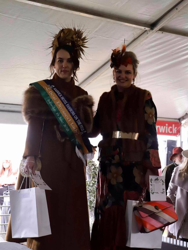 Chantal Jones and Eloise Handley, winner and runner-up of best dressed in fashions on the field at the 2021 Warwick Picnic Races.