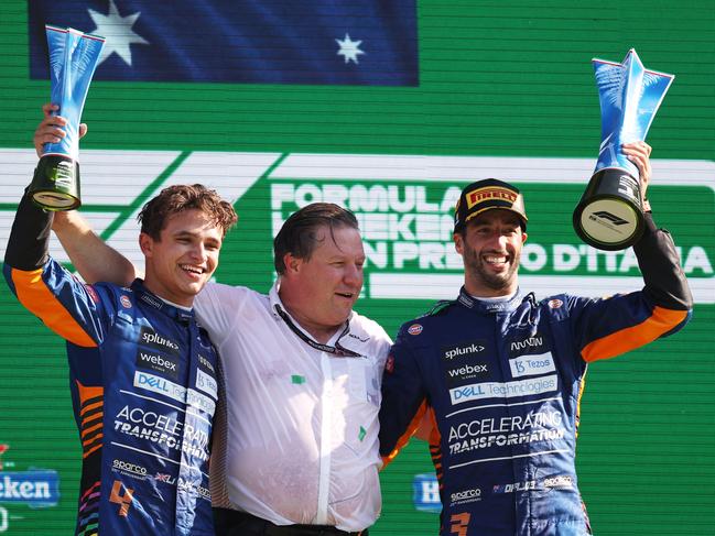 Ricciardo celebrates in Monza with Brown, centre, in happier times back in September. Picture: Lars Baron/Getty Images