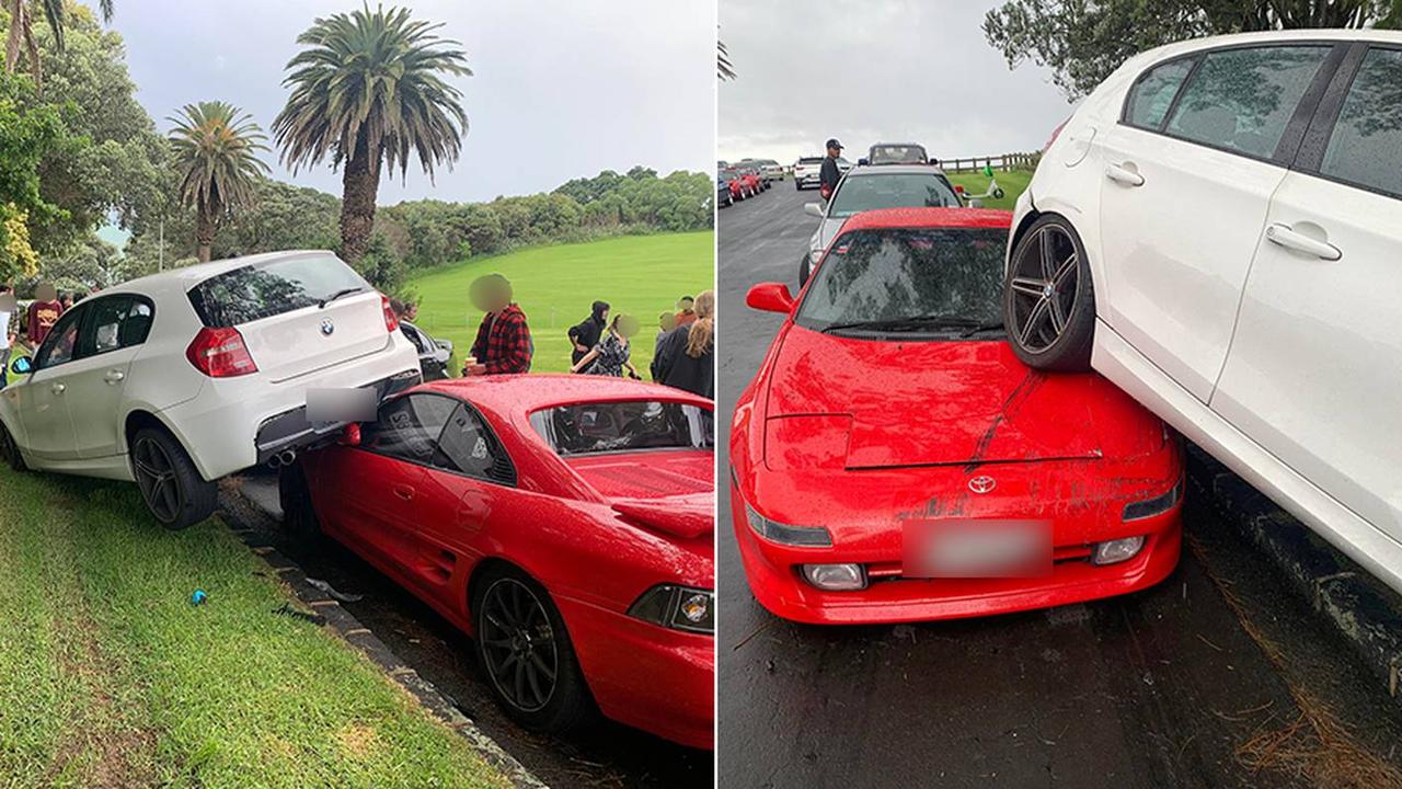 The impact of the crash was so powerful it forced the white vehicle off its tyres and on top of the red car. Picture: Supplied