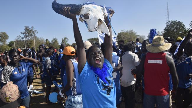 The Buffaloes celebrating in the Tiwi Island Football League grand final between Tuyu Buffaloes and Pumarali Thunder. Picture: Max Hatzoglou