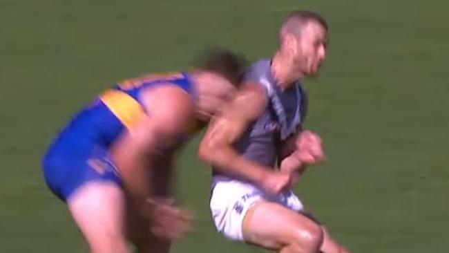 Robbie Gray collects Jeremy McGovern in the JLT match at Leederville Oval.