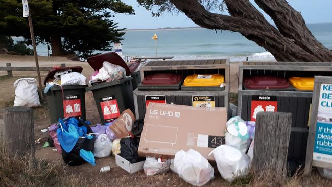 Overflowing rubbish at public bins in Torquay on Christmas Day. Picture: Torquay Rubbish Rangers/Facebook