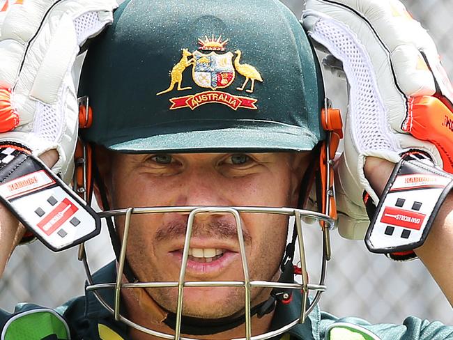 David Warner during the Australian teams first training session at Eden Park No. 2 in Auckland ahead of their ICC Cricket World Cup match against New Zealand. pic. Phil Hillyard