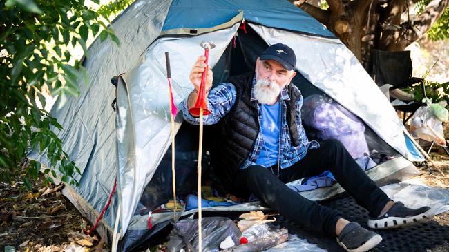 Clive Perkins, 61, in his two-man tent in the southern parklands. Picture: Morgan Sette