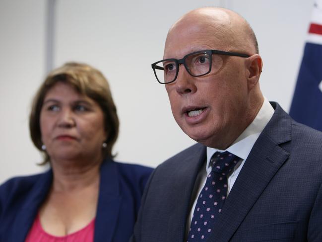 ADELAIDE, AUSTRALIA - NewsWire Photos - APRIL 18, 2023: The Leader of the Opposition Peter Dutton, South Australian Senator Kerrynne Liddle and Senator Jacinta Price at a press conference in Adelaide. Picture: NCA/NewsWire Emma Brasier