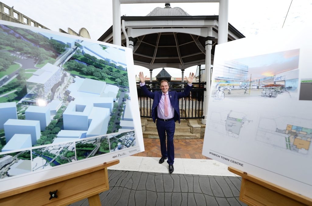 NEW DAWN: Ipswich Mayor Paul Pisasale unveils the plans for the new $150 million CBD redevelopment. Picture: David Nielsen