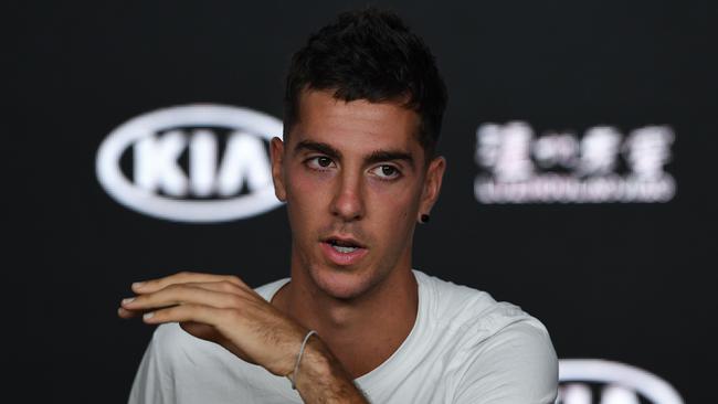 Thanasi Kokkinakis of Australia speaks to the media at a press conference during day two of the Australian Open tennis tournament in Melbourne, Tuesday, January 15, 2019. (AAP Image/Erik Anderson) NO ARCHIVING, EDITORIAL USE ONLY