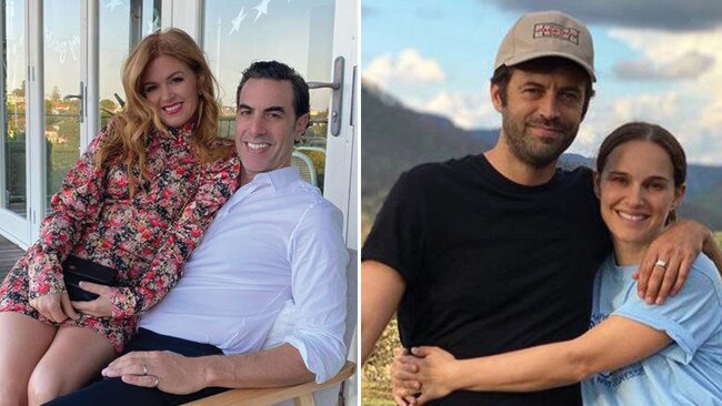 Isla Fisher and Sacha Baron Cohen, left, and Natalie Portman with husband Benjamin Millepied, right.