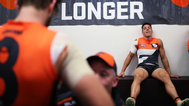 GWS midfielder Dylan Shiel (right) is trying to secure a trade to Essendon. Photo: Phil Hillyard