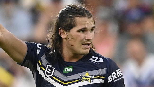 TOWNSVILLE, AUSTRALIA - MARCH 18: Tom Chester of the Cowboys gestures during the round three NRL match between North Queensland Cowboys and New Zealand Warriors at Qld Country Bank Stadium on March 18, 2023 in Townsville, Australia. (Photo by Ian Hitchcock/Getty Images)